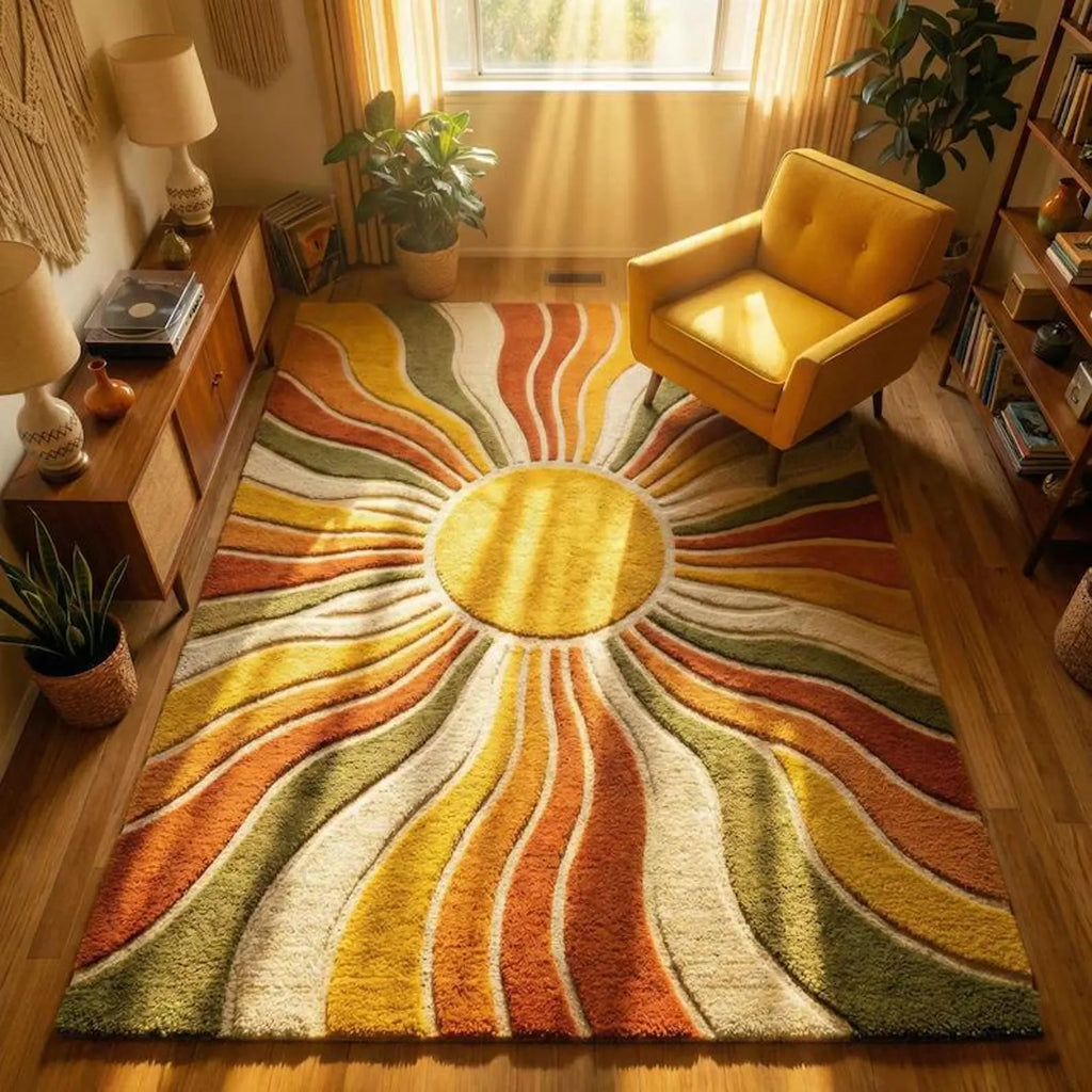 Luxury Sunburst Boho Hand Tufted Wool Rug – Retro Mid Century Area Carpet for Warm Artistic Interiors