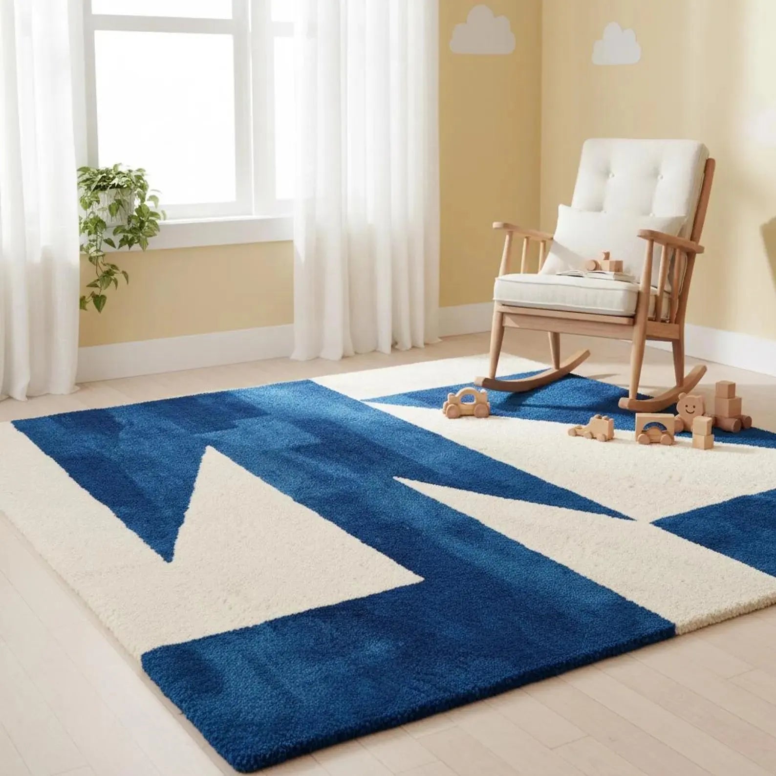 Hand Tufted Wool Geometric Rug Mid Century Style Blue White Carpet For Home Décor Area Rug