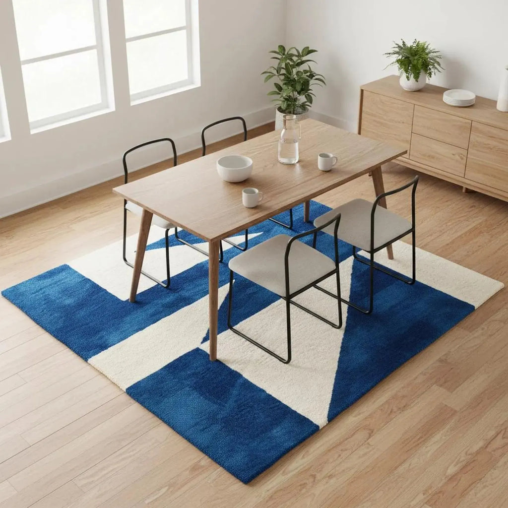 Hand Tufted Wool Geometric Rug Mid Century Style Blue White Carpet For Home Décor Area Rug