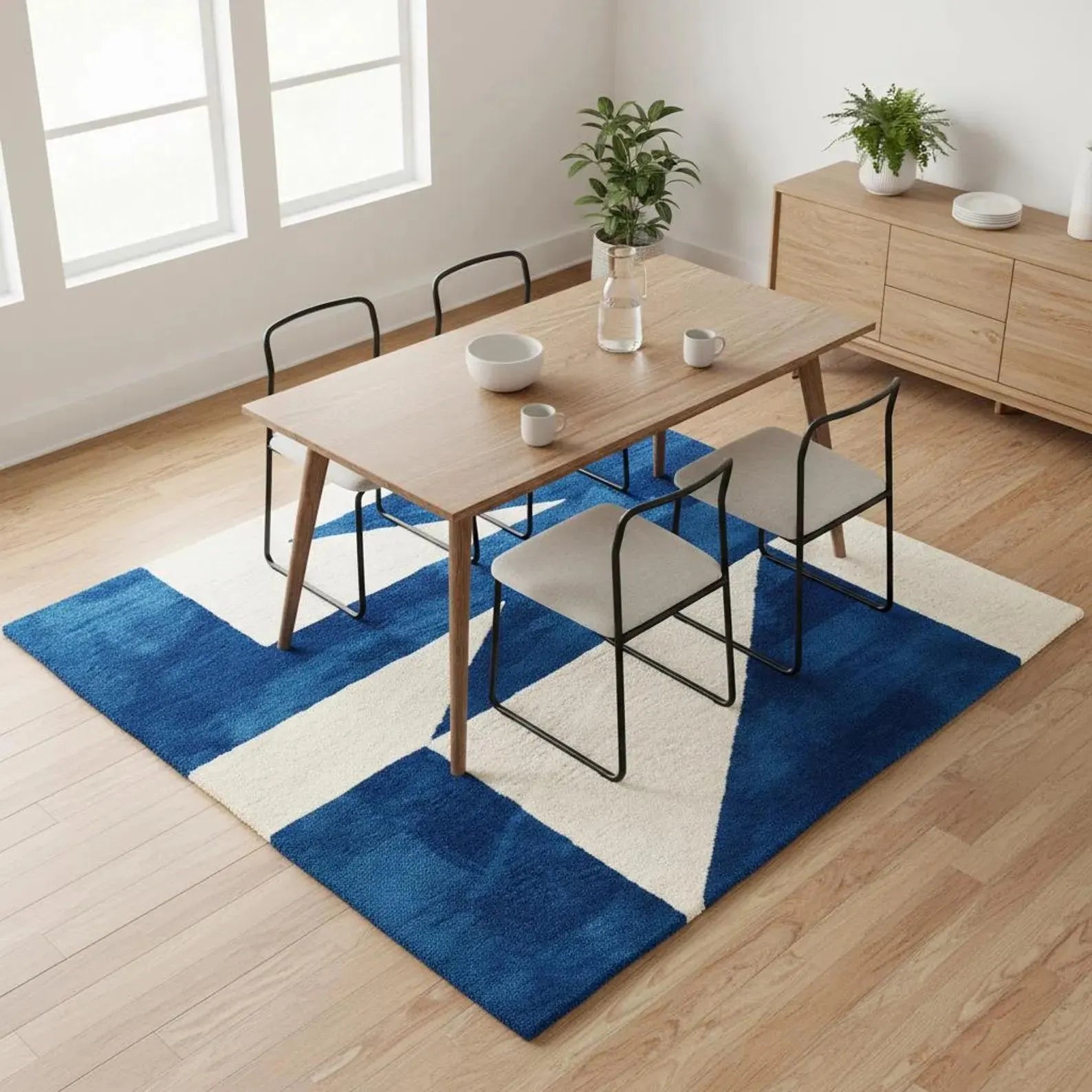 Hand Tufted Wool Geometric Rug Mid Century Style Blue White Carpet For Home Décor Area Rug