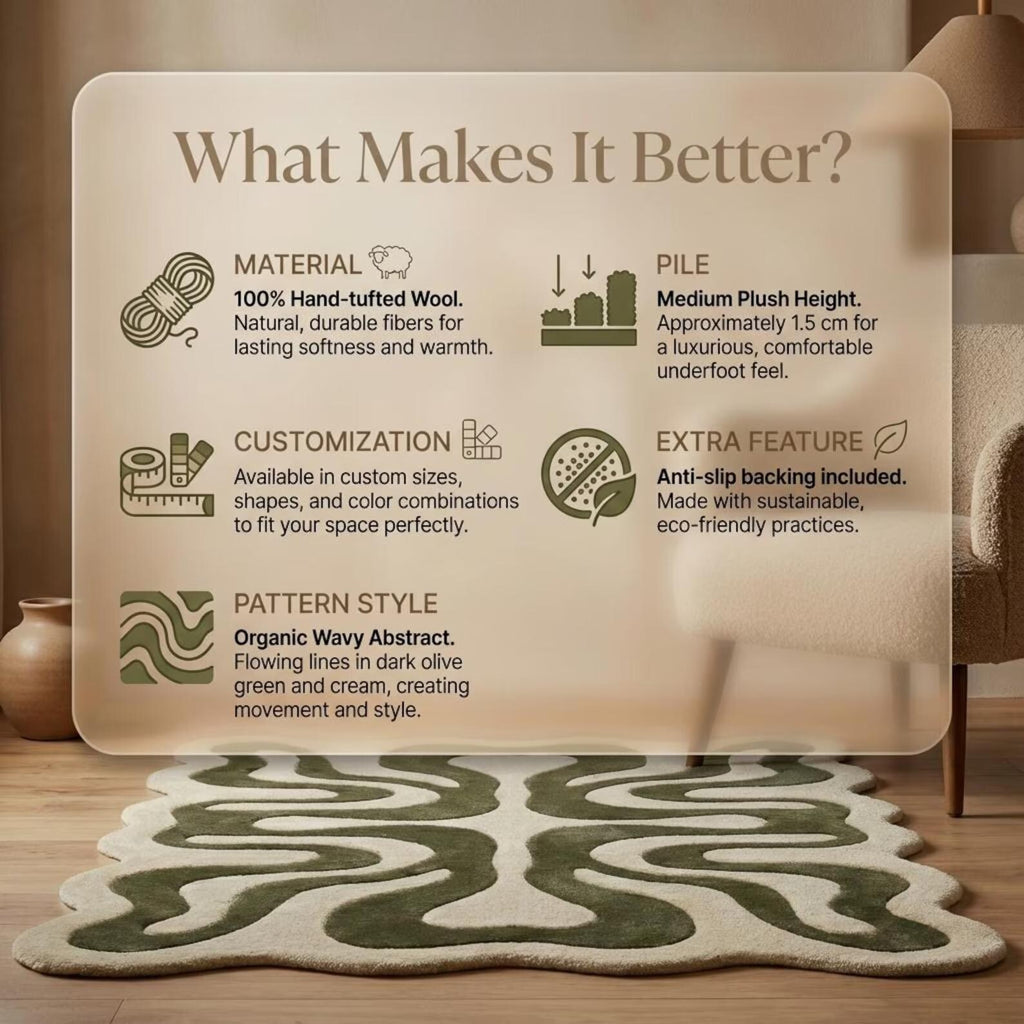 Organic Abstract Green Hand Tufted Rug – Modern Wavy Wool Carpet for Living Room & Contemporary Interiors
