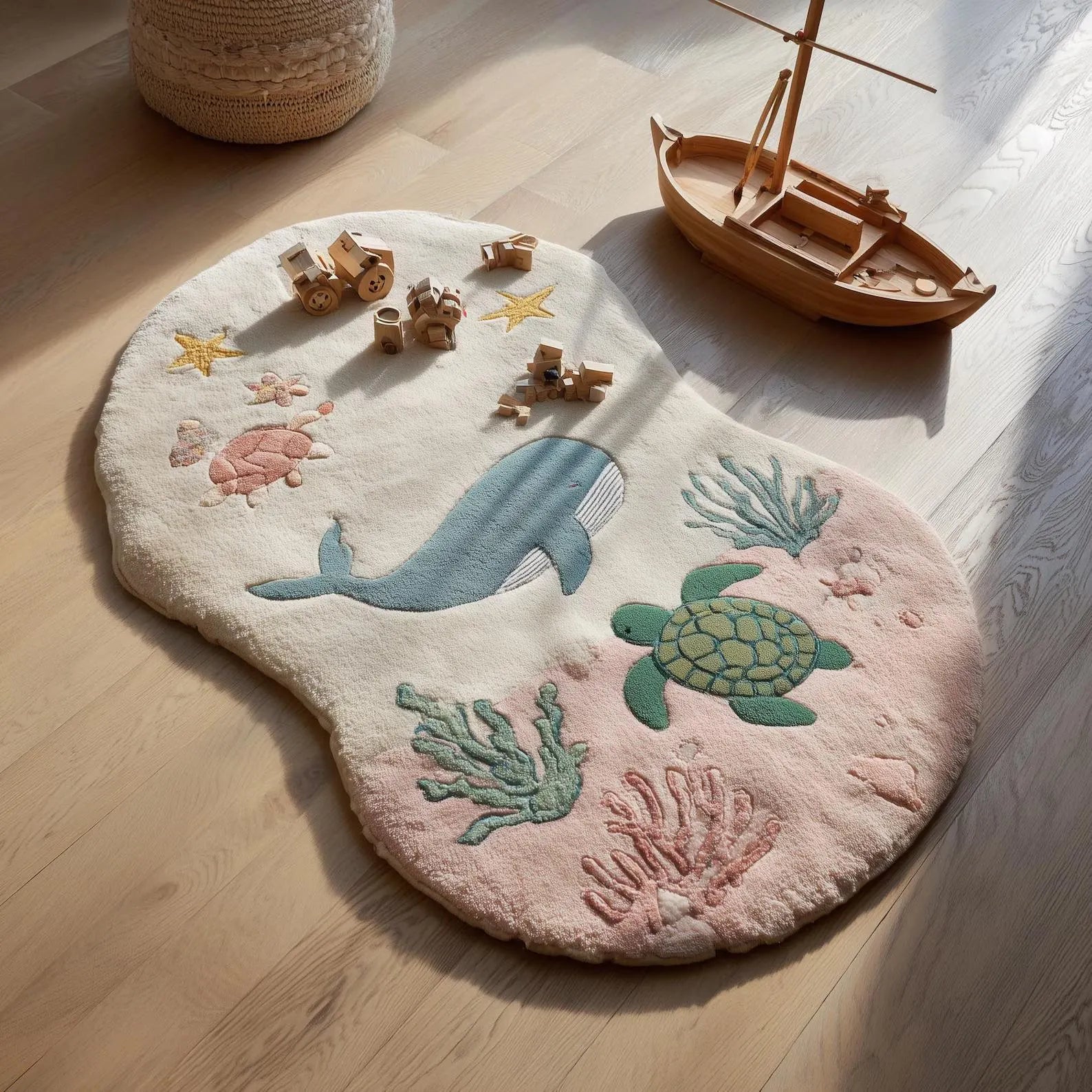 Ocean Theme Wool Rug – Whale & Turtle Play Mat | Coastal Nursery & Kids Room Decor