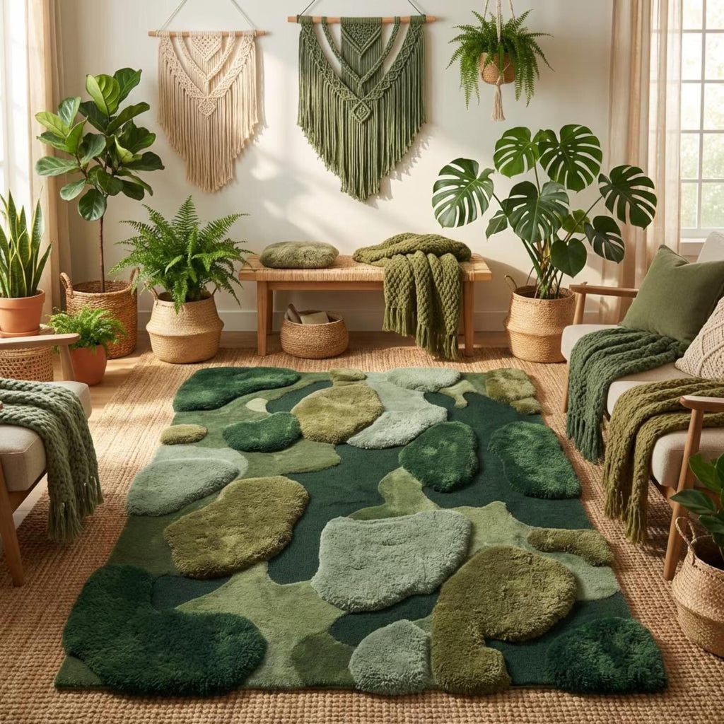 Luxury Hand Tufted Moss Rug – Green Abstract Area Carpet for Contemporary Home Décor