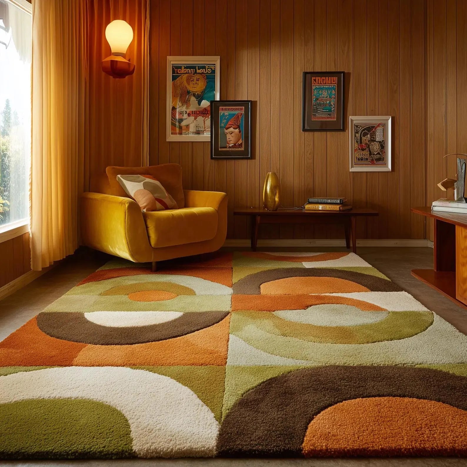 Luxury Mid Century Modern Wool Rug – Retro Geometric Shag Carpet in Orange, Olive, Brown & Cream