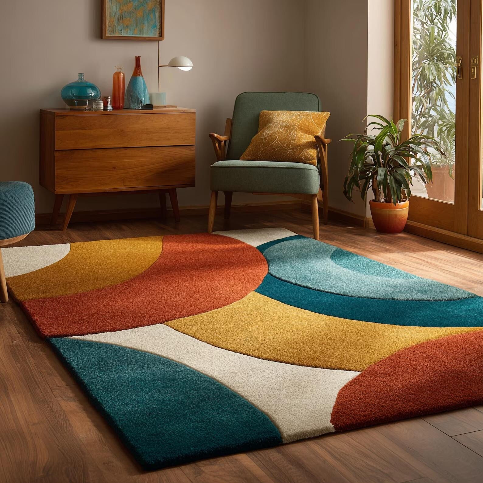 Luxury Mid Century Modern Geometric Wool Area Rug – Hand-Tufted Arc Design for Living Room