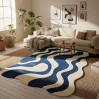 Wavy Modern Blue & Cream Area Rug – Handcrafted Abstract Curved Rug