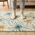 Mid-Century Modern Wool Rug – Hand-Tufted Cream Area Rug with Teal & Mustard Accents