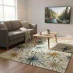 Mid-Century Modern Wool Rug – Hand-Tufted Cream Area Rug with Teal & Mustard Accents