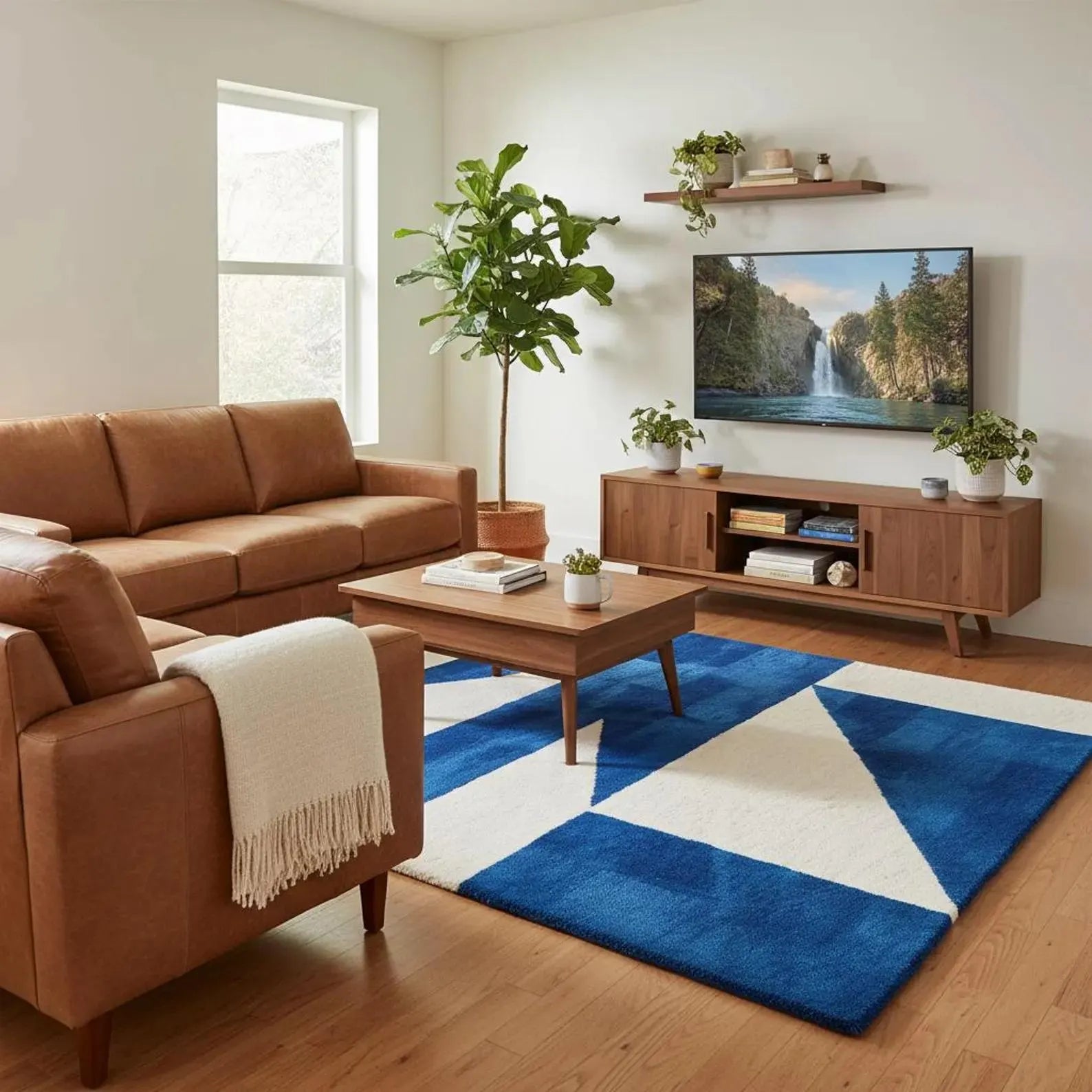 Hand Tufted Wool Geometric Rug Mid Century Style Blue White Carpet For Home Décor Area Rug