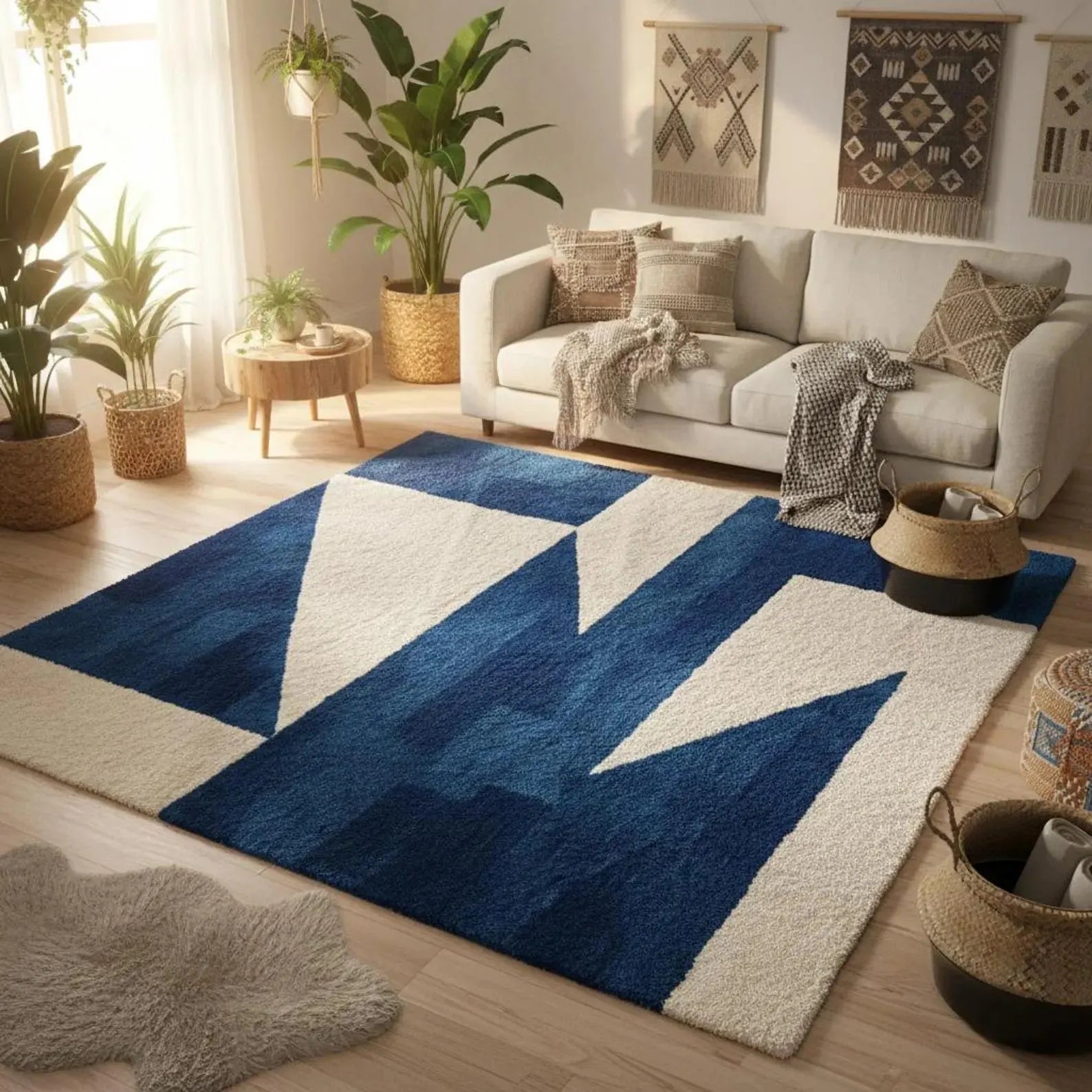 Luxury Modern Blue Geometric Rug – Hand Tufted Wool Area Carpet for Contemporary Interiors