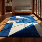 Hand Tufted Wool Geometric Rug Mid Century Style Blue White Carpet For Home Décor Area Rug