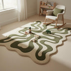 Organic Abstract Green Hand Tufted Rug – Modern Wavy Wool Carpet for Living Room & Contemporary Interiors