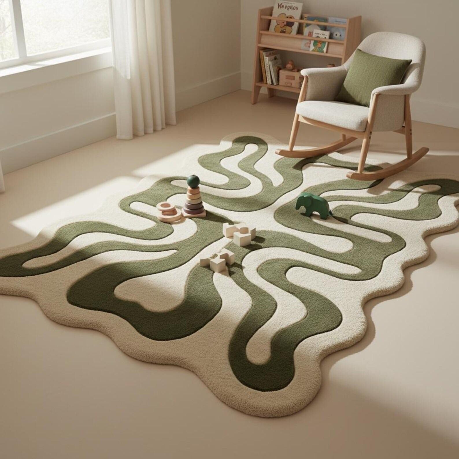 Organic Abstract Green Hand Tufted Rug – Modern Wavy Wool Carpet for Living Room & Contemporary Interiors