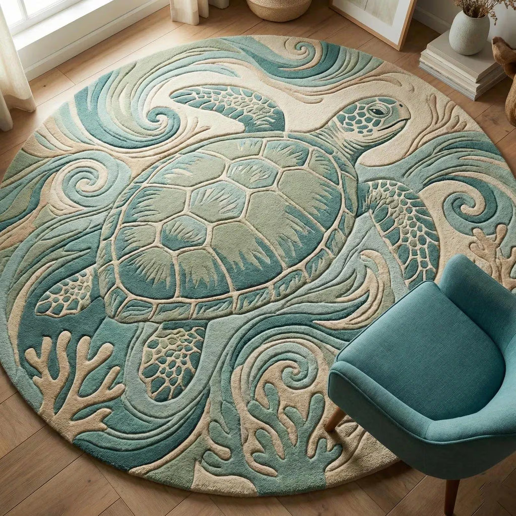 Hand Tufted Wool Sea Turtle Rug | Coastal Ocean Area Rug in Premium Wool