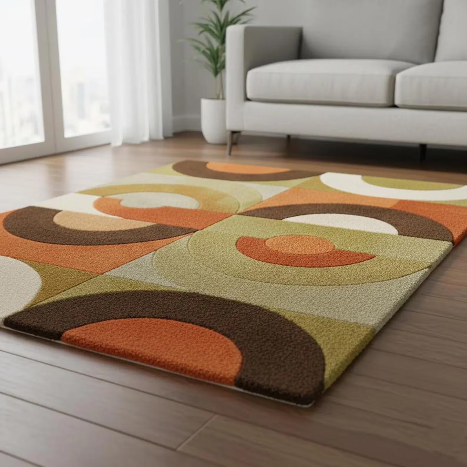 Luxury Mid Century Modern Wool Rug – Retro Geometric Shag Carpet in Orange, Olive, Brown & Cream