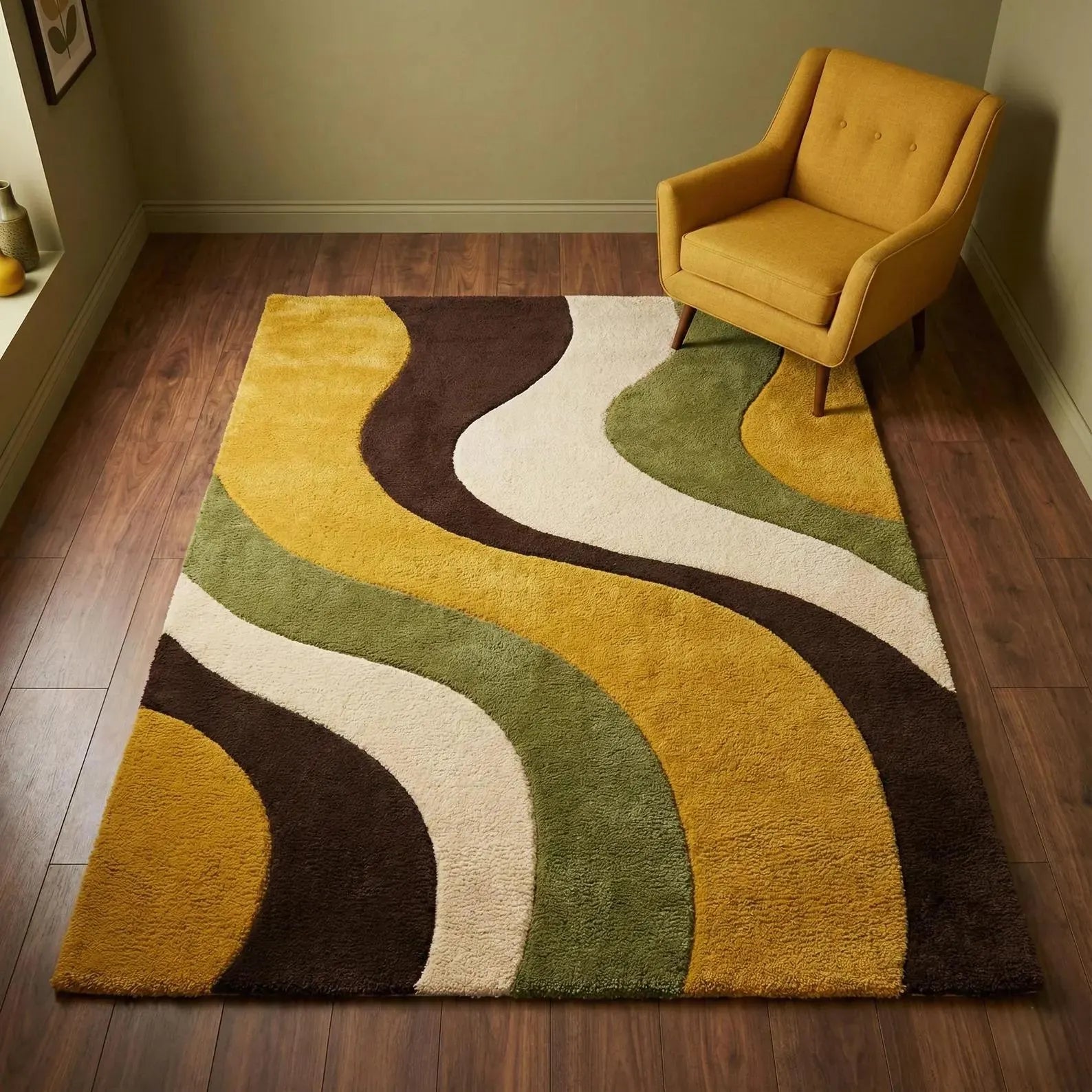 Luxury Retro Wavy Area Rug – Mid Century Modern Mustard & Green Abstract Wool Rug for Stylish Interiors