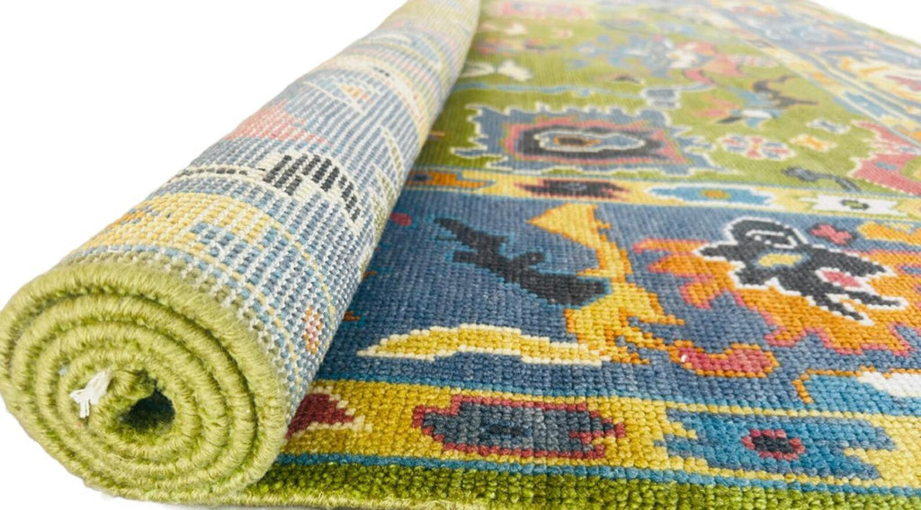 Hand-Knotted Vibrant Oushak Oriental Rug – Green & Grey Multicolor Area Rug for Elegant Home Interiors