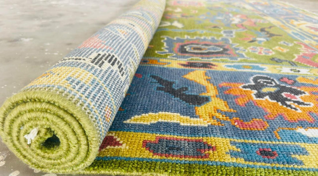 Hand-Knotted Vibrant Oushak Oriental Rug – Green & Grey Multicolor Area Rug for Elegant Home Interiors
