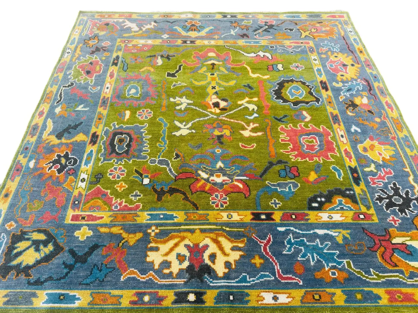 Hand-Knotted Vibrant Oushak Oriental Rug – Green & Grey Multicolor Area Rug for Elegant Home Interiors