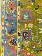 Hand-Knotted Vibrant Oushak Oriental Rug – Green & Grey Multicolor Area Rug for Elegant Home Interiors