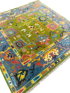 Hand-Knotted Vibrant Oushak Oriental Rug – Green & Grey Multicolor Area Rug for Elegant Home Interiors