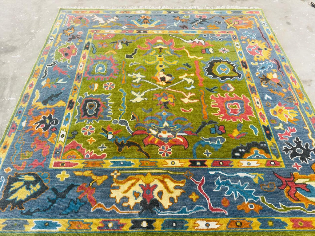 Hand-Knotted Vibrant Oushak Oriental Rug – Green & Grey Multicolor Area Rug for Elegant Home Interiors