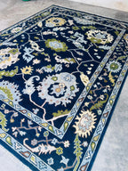 Hand-Knotted Blue Oushak Wool Rug – Persian-Style Oriental Tribal Carpet
