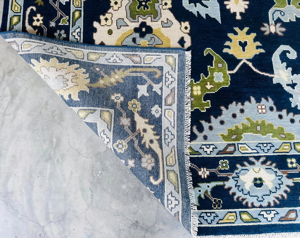 Hand-Knotted Blue Oushak Wool Rug – Persian-Style Oriental Tribal Carpet