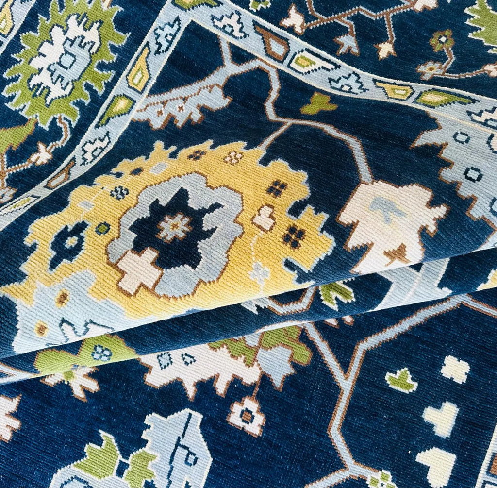 Hand-Knotted Blue Oushak Wool Rug – Persian-Style Oriental Tribal Carpet