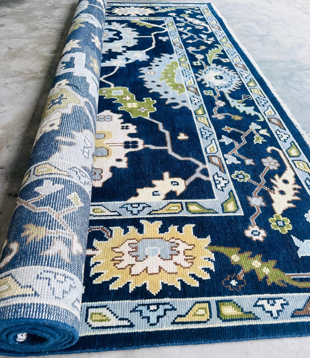Hand-Knotted Blue Oushak Wool Rug – Persian-Style Oriental Tribal Carpet