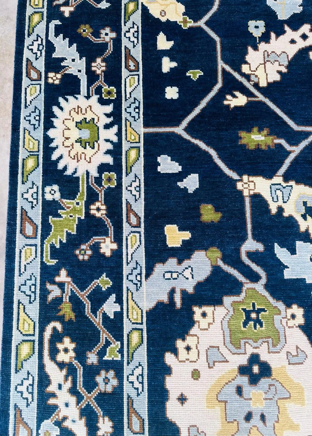 Hand-Knotted Blue Oushak Wool Rug – Persian-Style Oriental Tribal Carpet