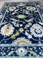Hand-Knotted Blue Oushak Wool Rug – Persian-Style Oriental Tribal Carpet