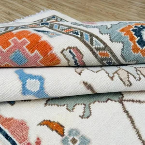 Hand-Knotted Vintage Turkish Oushak Wool Rug – Ivory Multi-Color Abstract Floral Area Rug