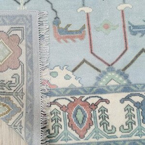 Hand-Knotted Modern Oushak Rug – Pastel Blue Geometric Floral Elegant Area Rug