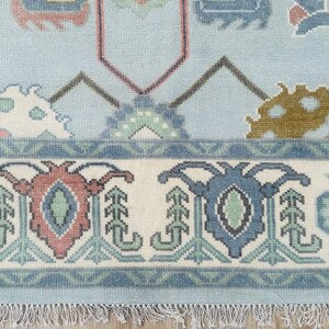 Hand-Knotted Modern Oushak Rug – Pastel Blue Geometric Floral Elegant Area Rug