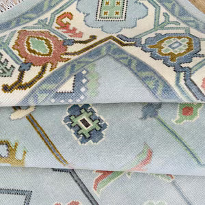 Hand-Knotted Modern Oushak Rug – Pastel Blue Geometric Floral Elegant Area Rug