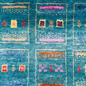 Hand-Knotted Persian Gabbeh Wool Rug – Elegant Teal Blue Tribal Area Rug  for Luxury Home Décor