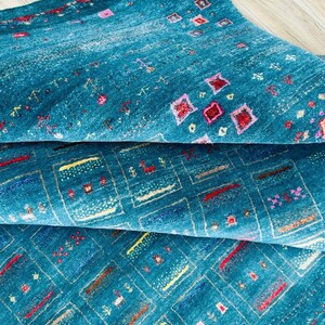 Hand-Knotted Persian Gabbeh Wool Rug – Elegant Teal Blue Tribal Area Rug  for Luxury Home Décor