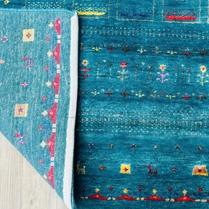 Hand-Knotted Persian Gabbeh Wool Rug – Elegant Teal Blue Tribal Area Rug  for Luxury Home Décor