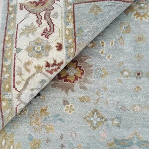 Traditional Hand Knotted Wool Rug – Soft Blue & Ivory Floral Medallion Vintage Style Carpet