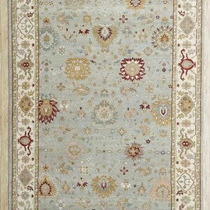 Traditional Hand Knotted Wool Rug – Soft Blue & Ivory Floral Medallion Vintage Style Carpet
