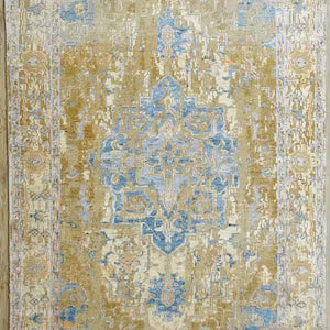 Hand Knotted Wool Serapi Rug – Traditional Blue & Yellow Persian Carpet