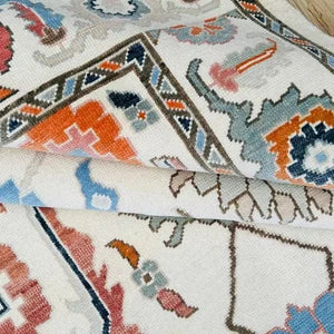 Hand-Knotted Vintage Turkish Oushak Wool Rug – Ivory Multi-Color Abstract Floral Area Rug