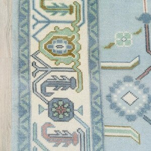 Hand-Knotted Modern Oushak Rug – Pastel Blue Geometric Floral Elegant Area Rug