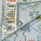 Hand-Knotted Modern Oushak Rug – Pastel Blue Geometric Floral Elegant Area Rug