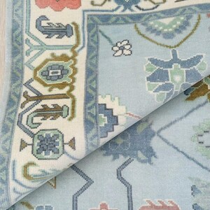 Hand-Knotted Modern Oushak Rug – Pastel Blue Geometric Floral Elegant Area Rug