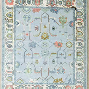 Hand-Knotted Modern Oushak Rug – Pastel Blue Geometric Floral Elegant Area Rug