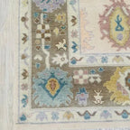Hand-Knotted Vintage Oushak Rug – Elegant Beige Floral Carpet