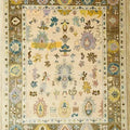 Hand-Knotted Vintage Oushak Rug – Elegant Beige Floral Carpet
