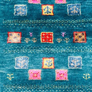 Hand-Knotted Persian Gabbeh Wool Rug – Elegant Teal Blue Tribal Area Rug  for Luxury Home Décor